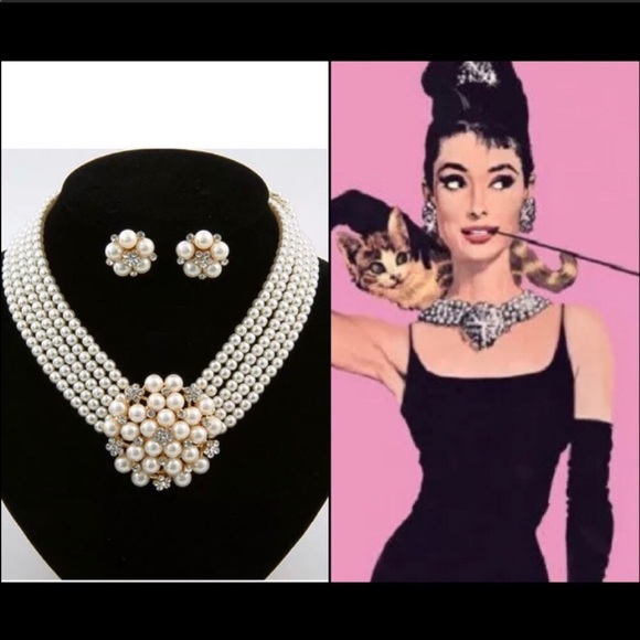 Jewelry - Audrey Style Pearl Crystal Costume Necklace Set